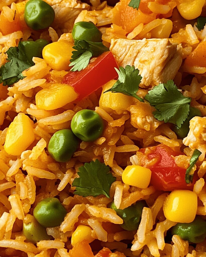 Flavorful Mexican Rice with Chicken, Vegetables, and Melted Cheese