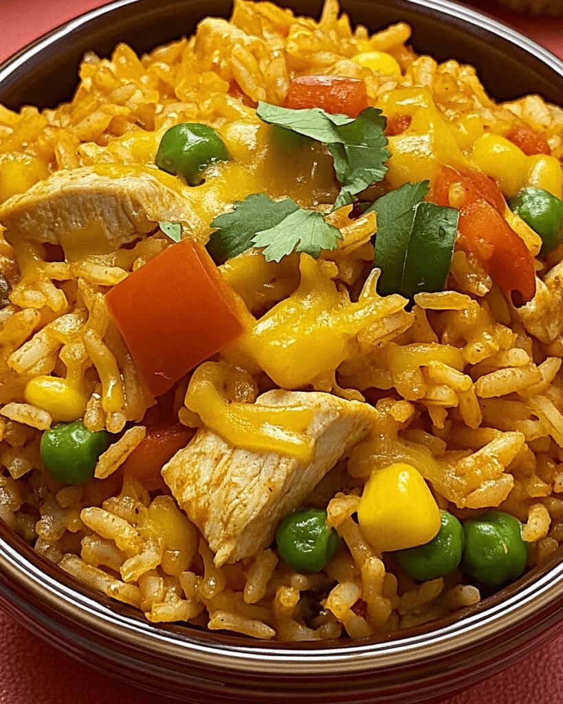 Flavorful Mexican Rice with Chicken, Vegetables, and Melted Cheese