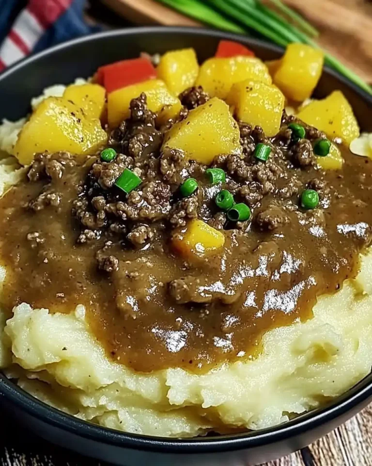 Savoury Ground Beef and Gravy Over Creamy Mashed Potatoes