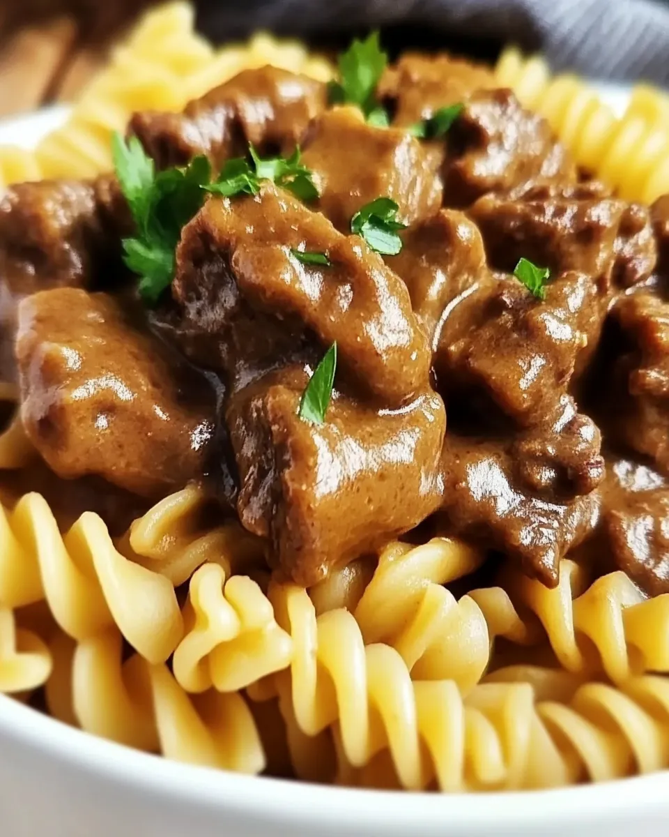 Slow Cooker Creamy Garlic Beef Pasta