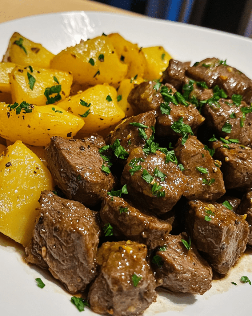 Slow Cooker Garlic Butter Steak Bites & Potatoes